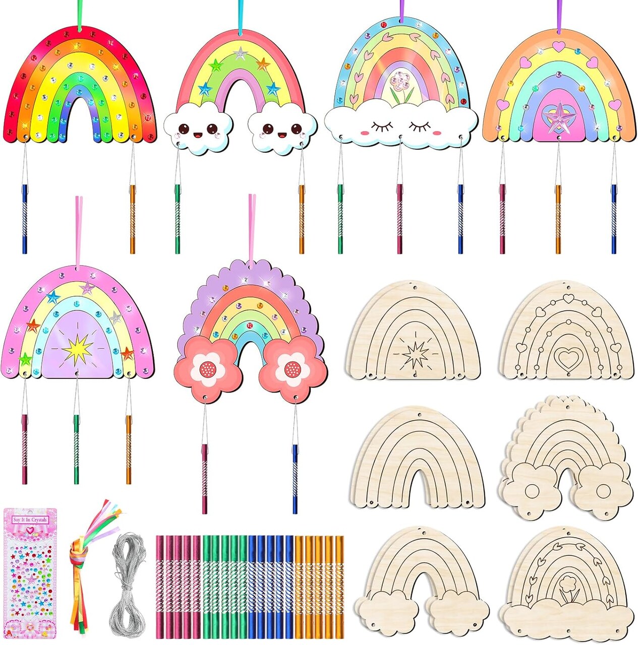 12-Pack DIY Wind Chime Kit for Kids – Make Your Own Wooden Wind Chimes, Arts & Crafts Set with Decorative Hanging Ornaments for Girls & Boys, Home, School, or Party Activities (Boho Rainbow)